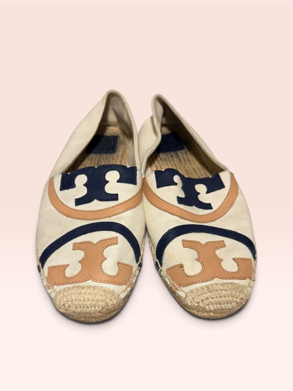 Tory Burch Cream Canvas Espadrilles with Navy and Tan Logo Accents
